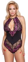 Cottelli Plus Size - floral body black-purple - 3XL